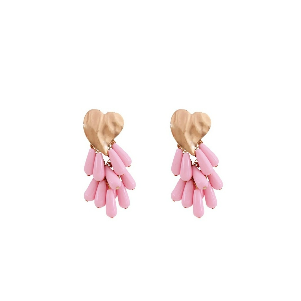 Large Gold & Pink Heart Beaded Tassel Earrings